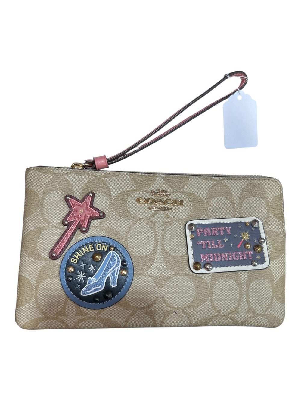 Coach Khaki Canvas Patch Wristlet with Pink and Blue Accents